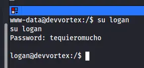 Demostración de acceso exitoso vía SSH al usuario 'logan' en la máquina Devvortex.