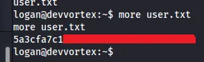 Contenido del archivo user.txt, la primera flag obtenida del usuario 'logan' en Devvortex.