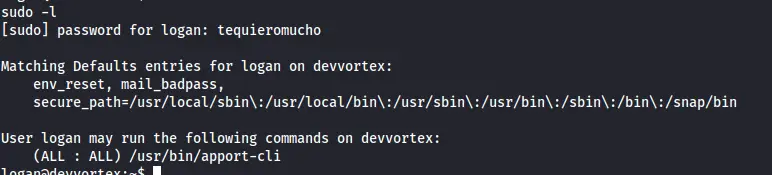 Resultado del comando 'sudo -l' mostrando que el usuario 'logan' puede ejecutar '/usr/bin/apport-cli' como root sin contraseña.