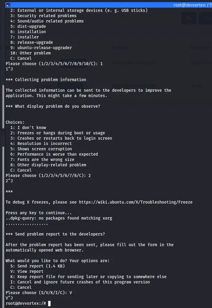 Pasos detallados para la explotación de la vulnerabilidad CVE-2023-1326 a través de 'apport-cli' para obtener una shell de root en Devvortex.