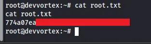 Contenido del archivo root.txt, la flag final que confirma el acceso de root en la máquina Devvortex.