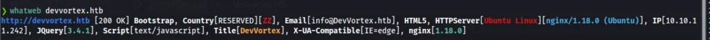 Resultado de WhatWeb identificando las tecnologías web en Devvortex, incluyendo Nginx, jQuery y Bootstrap.