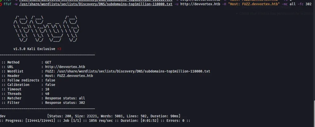 Comando FFuF utilizado para la enumeración de subdominios virtuales en Devvortex, descubriendo 'dev.devvortex.htb'.